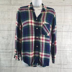 American Eagle Womens Boyfriend Fit Button Front Shirt Sz Medium Blue Plaid